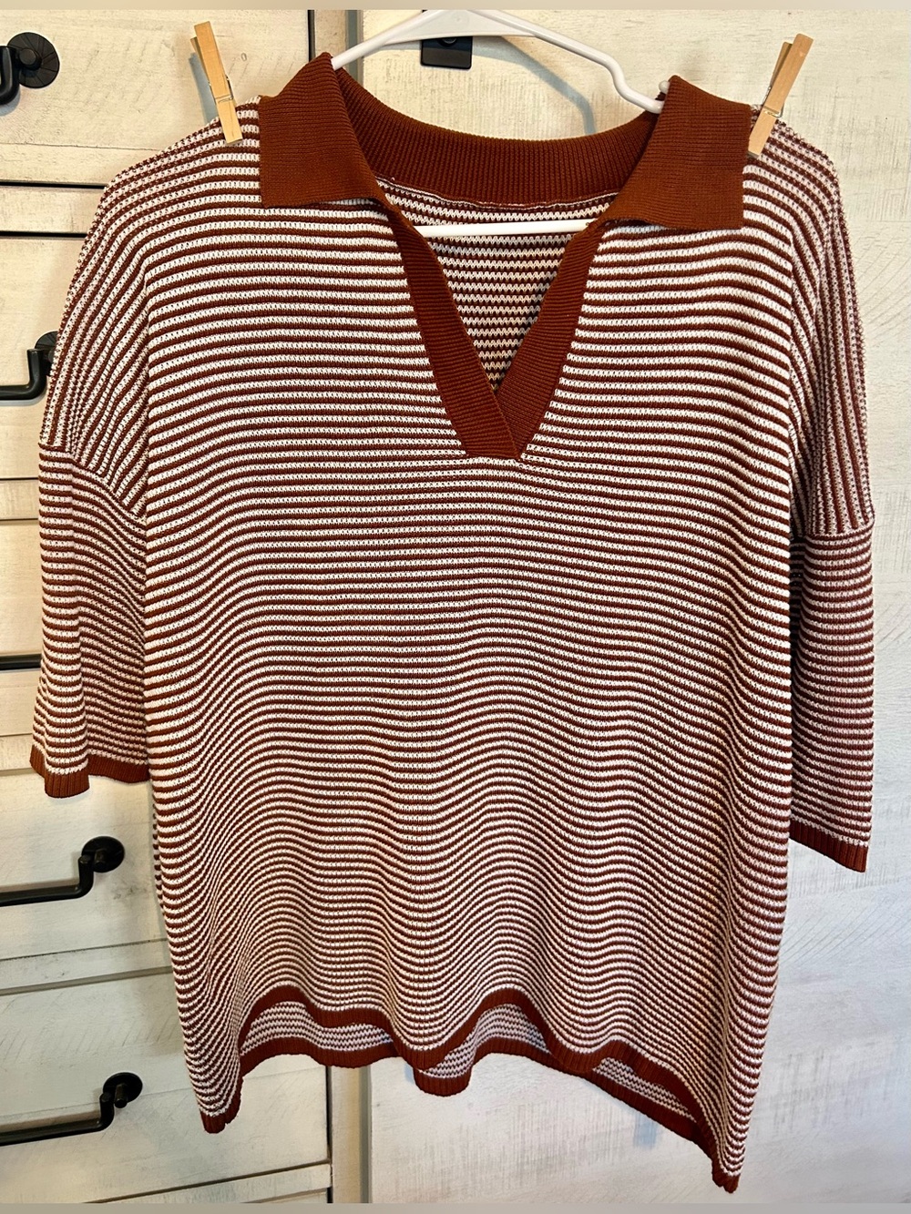Caramel Striped V-Neck Polo Sweater and shorts in caramel/brown & Cream